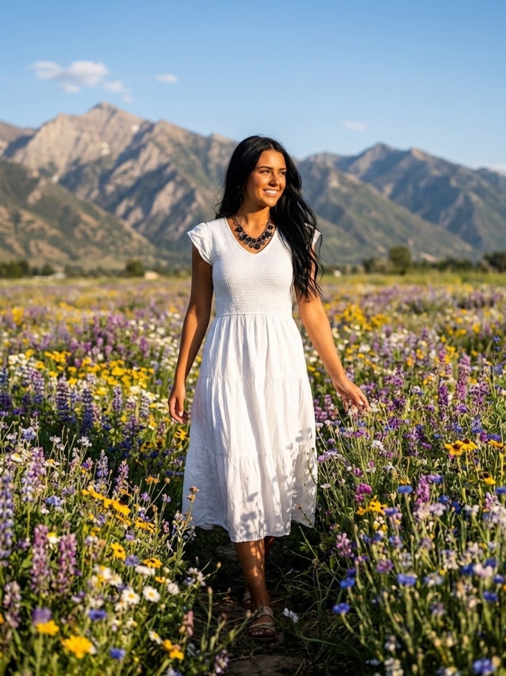 White Midi Dress with Smocked Bodice and Flutter Sleeves